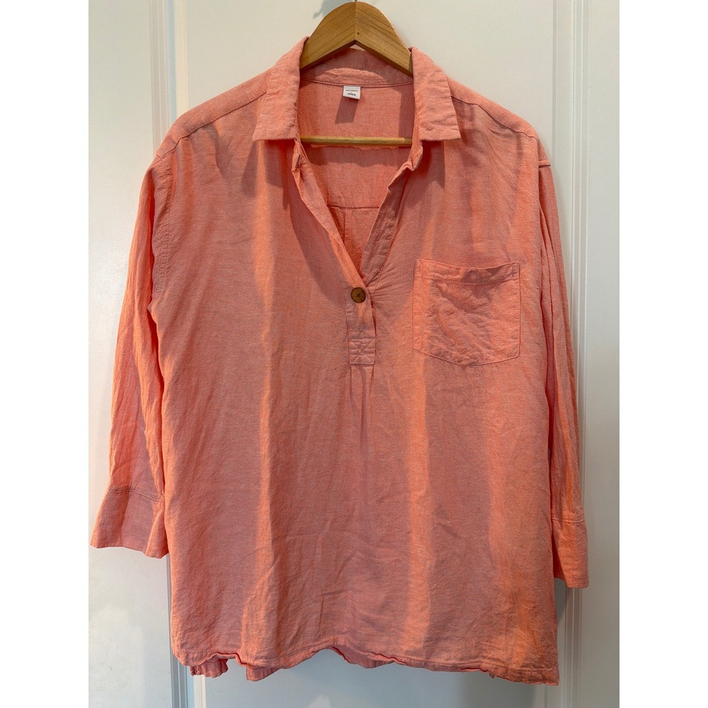 Old Navy Coral Pink Linen Blend Henley Tunic Top Large Long Sleeve Pocket